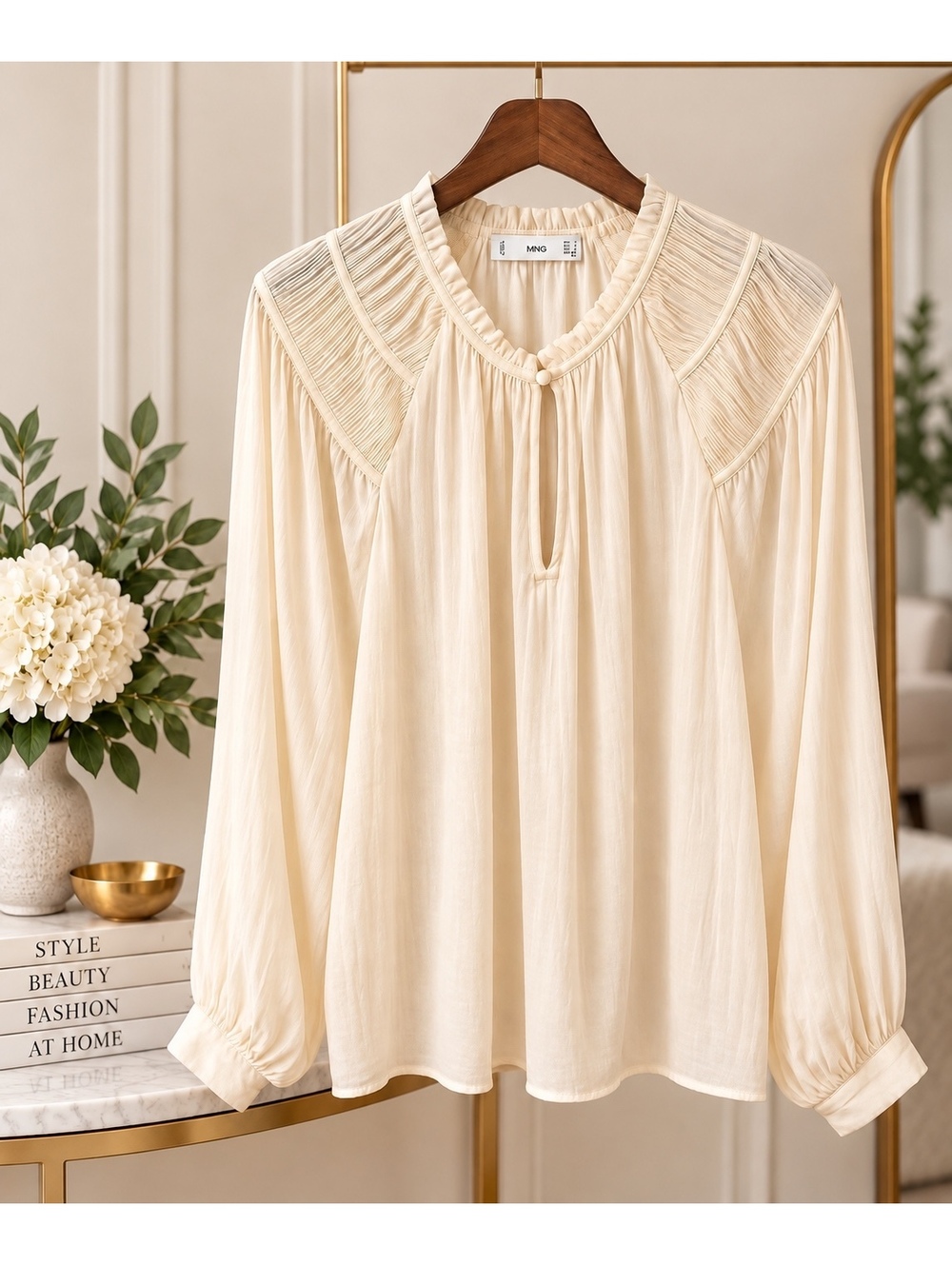Mango Cream Pleated Yoke Ruffle Neck Blouse Size 8
